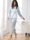 SilkSilky UK Pure Silk Long Sleeve Lapel Women's Pyjamas LightBlue 005