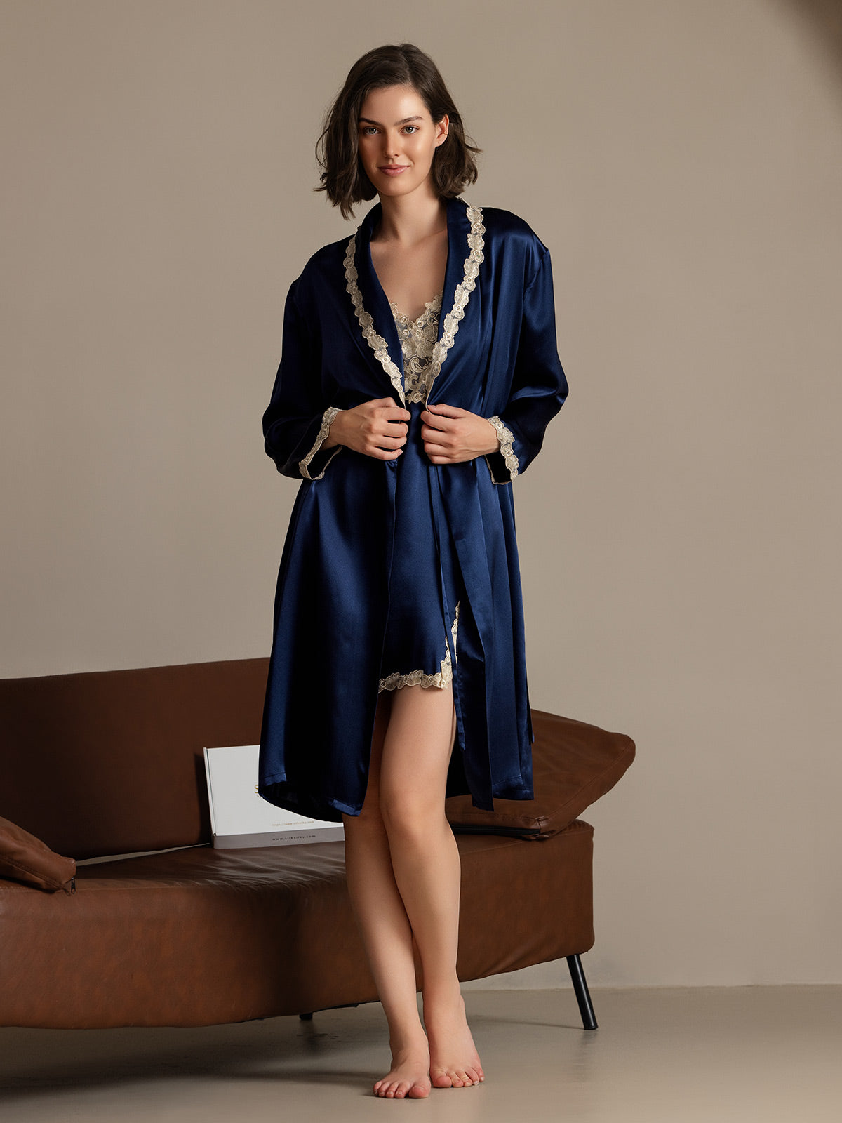 SilkSilky-UK Pure Silk Long Sleeve V Neck Women's Dressing Gown DarkBlue 001