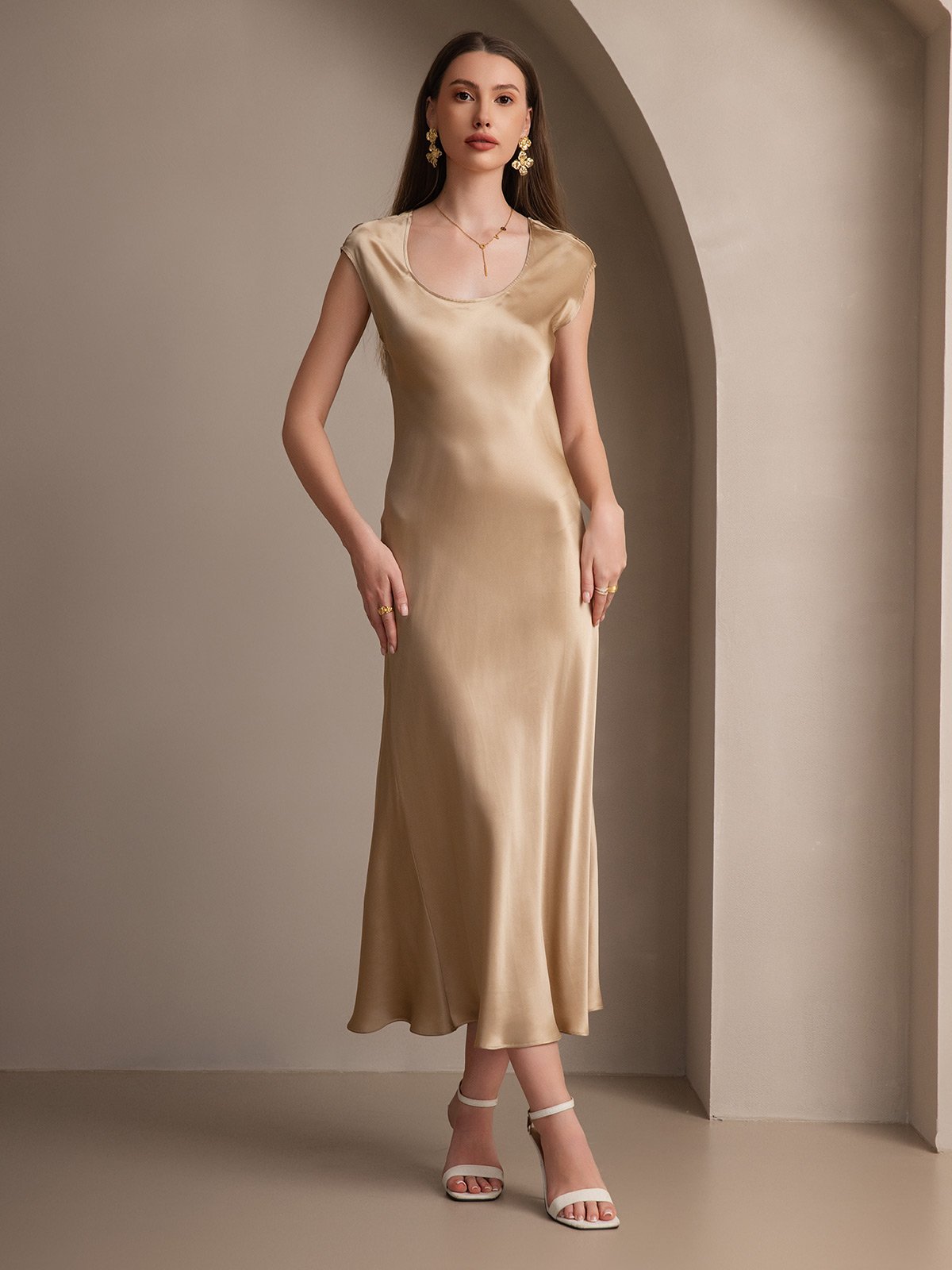 [Champagne] SilkSilky-UK 19Momme Silk Cap Sleeve Round Neck Dress 004