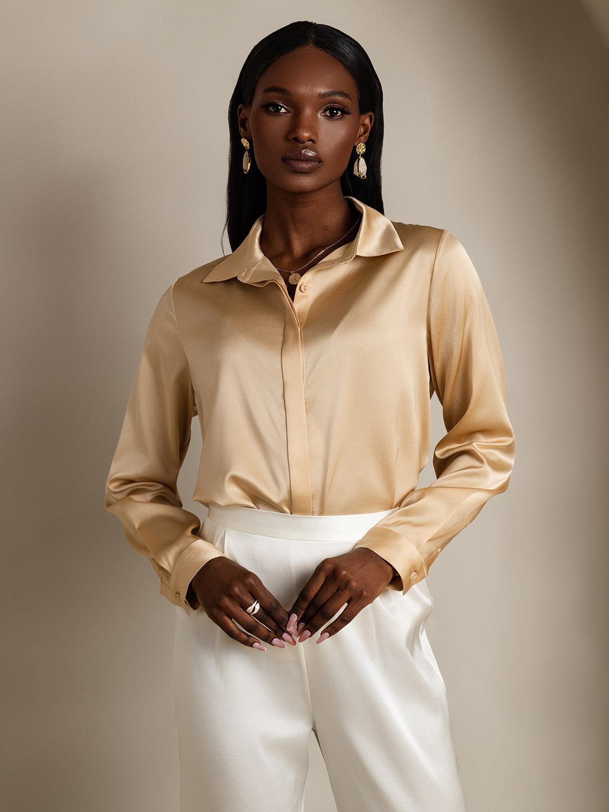 SilkSilky-UK 19Momme Silk Long Sleeve Collar Women's Shirt Champagne 003