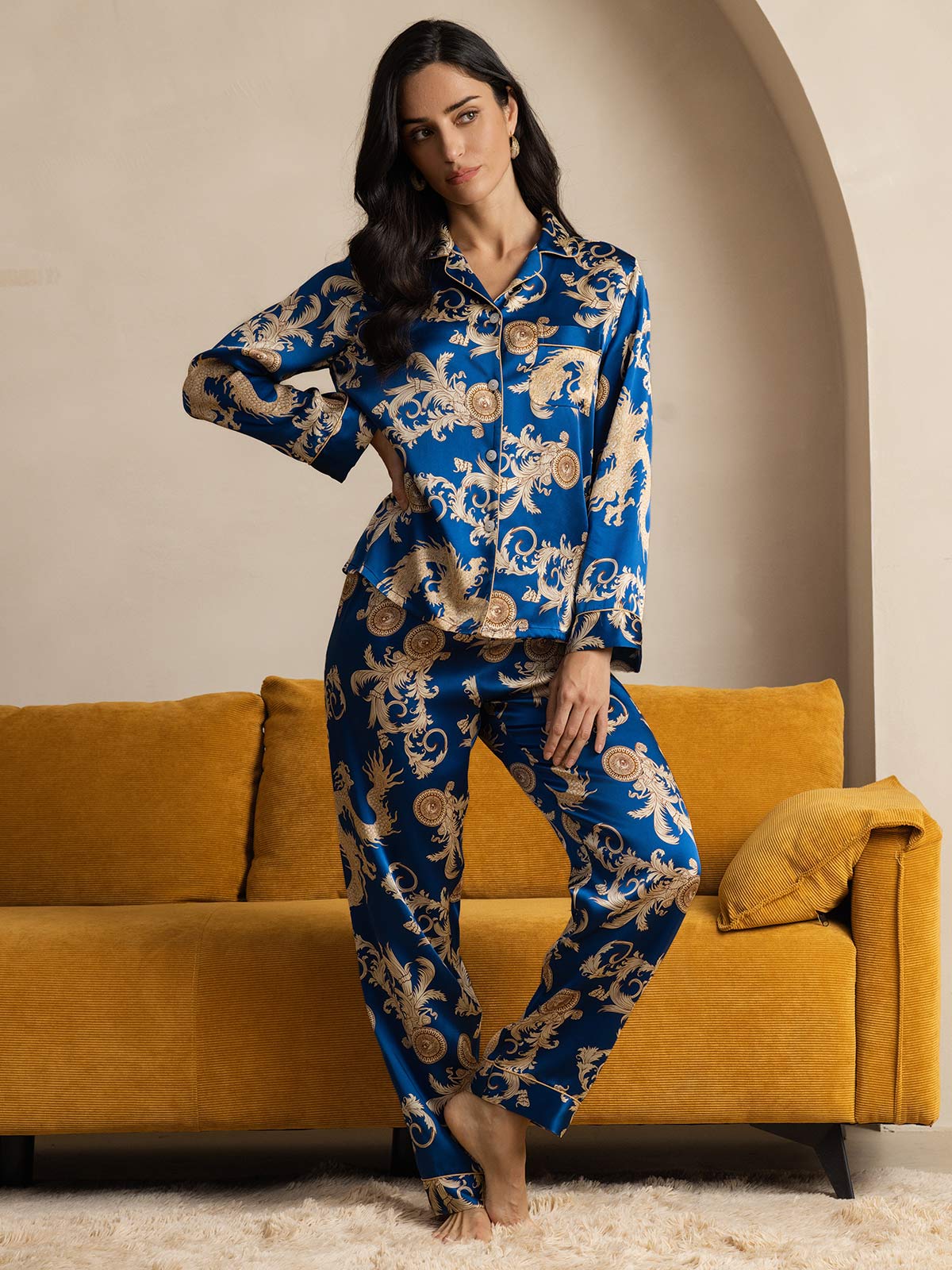 SilkSilky-UK Pure Silk Long Sleeve Lapel Women's Pyjamas Blue 006