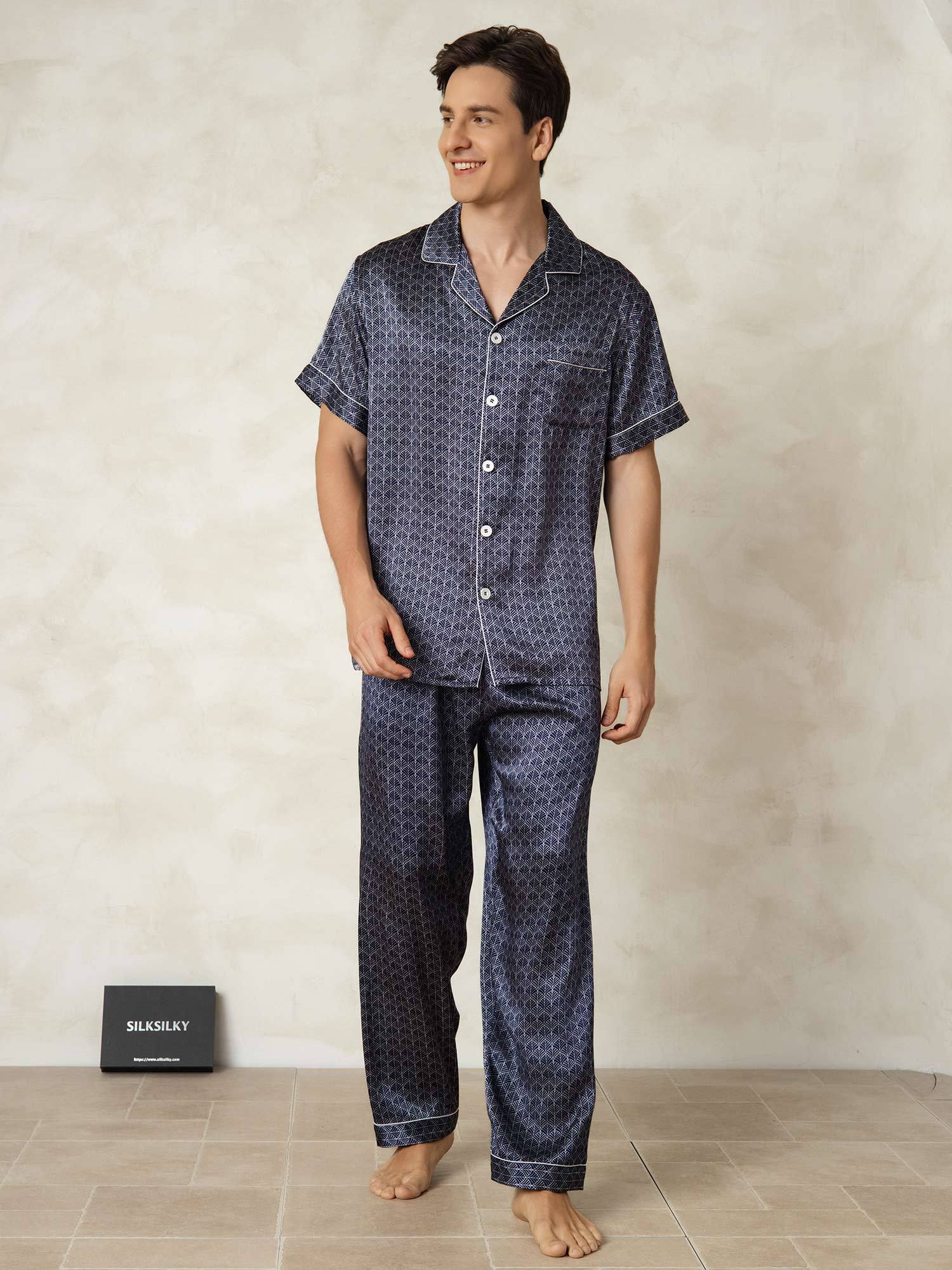 [NavyGinkgo] SilkSilky-UK Pure Silk Collar Men's Pyjamas 005