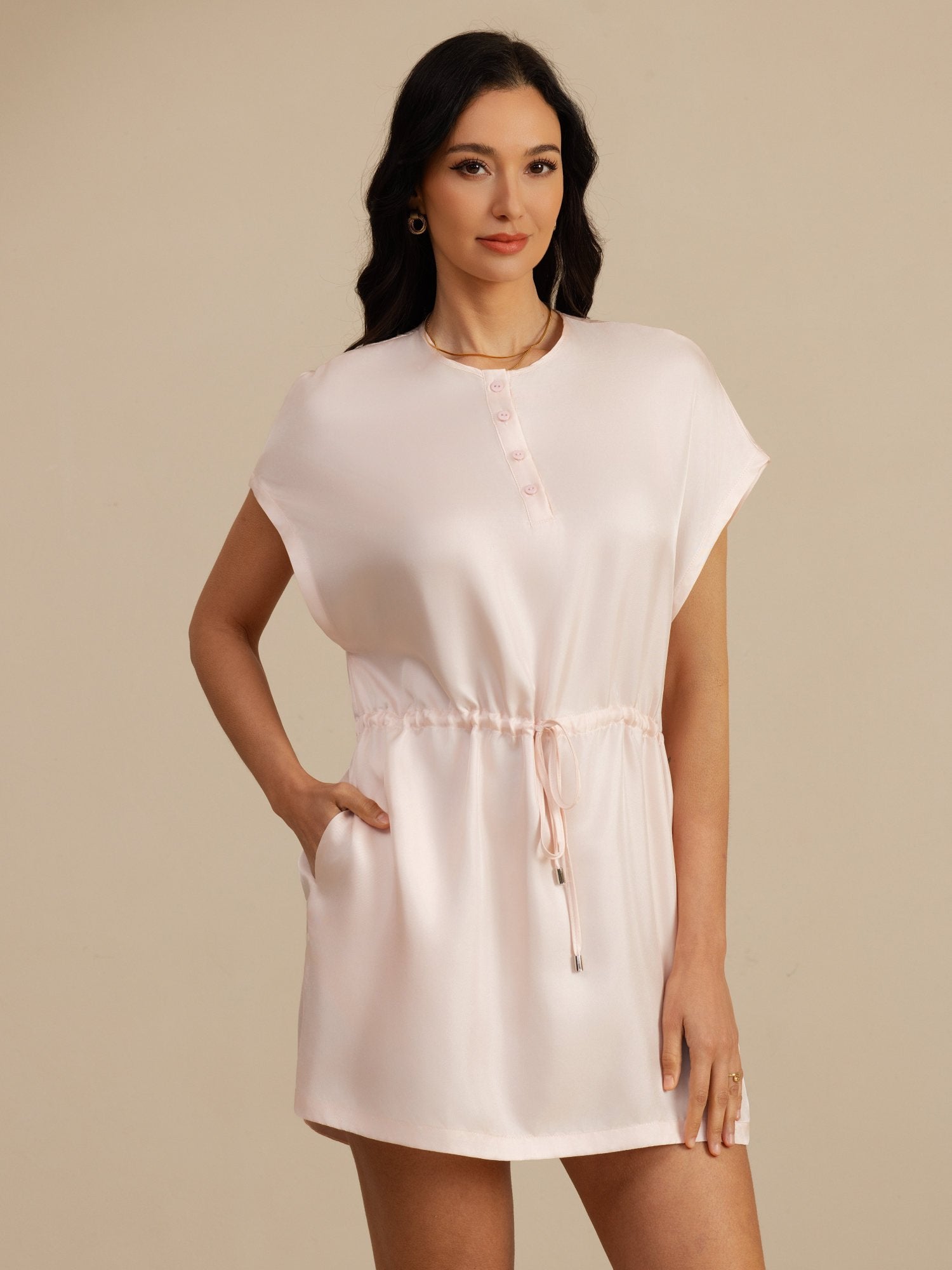 [Pink] SilkSilky-UK 18Momme Silk Satin Surah Cap Sleeve Henley Neck Dress 001