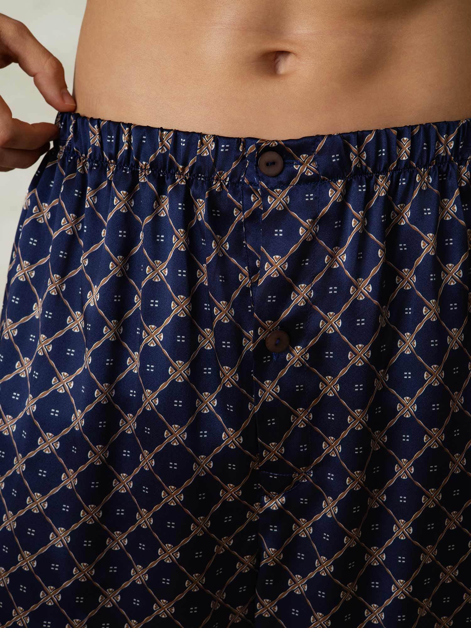 [Navy Chain] SilkSilky-UK Pure Silk Mens Sleep Bottoms 006,