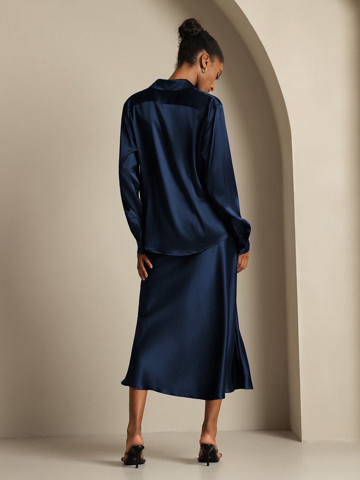 [Dark Blue] SilkSilky-UK 19Momme Silk Knitted Collar Women''s Outfit Sets 002,