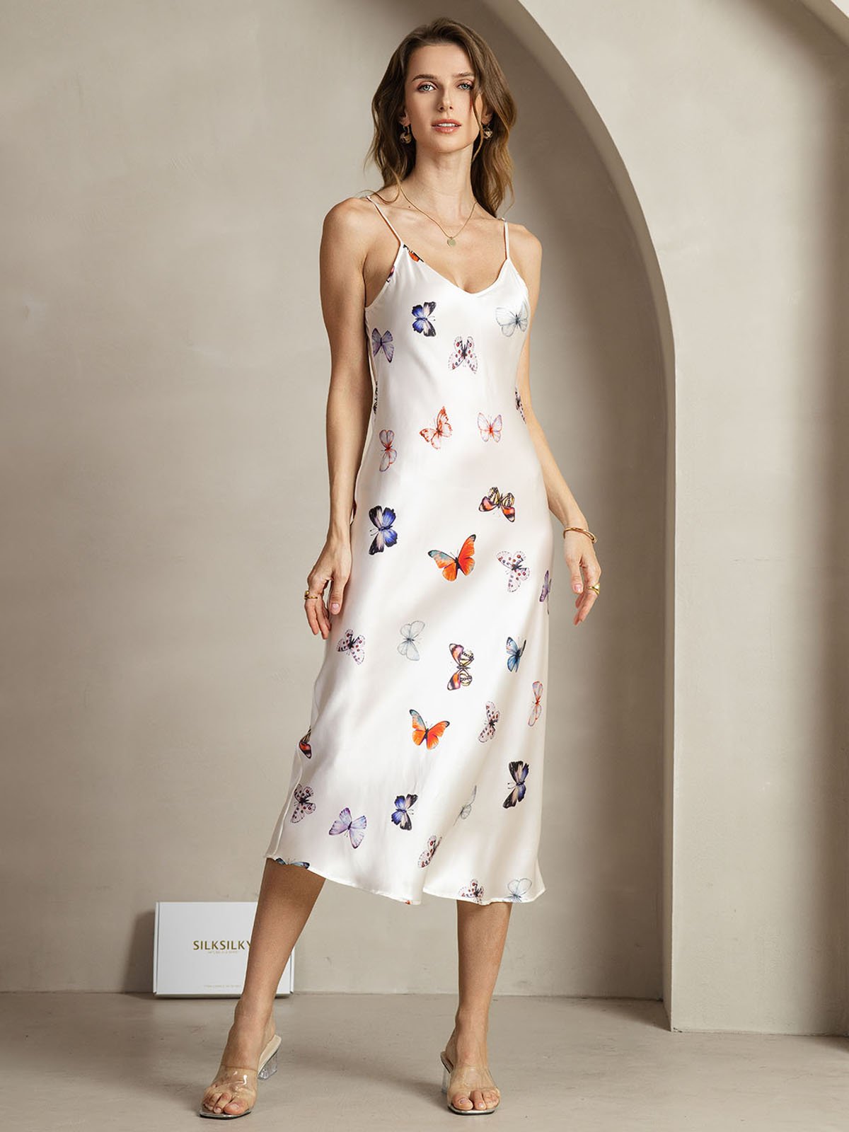 [WhiteButterfly] SilkSilky-UK 19Momme Silk V Neck Dress 001