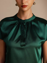 [Dark Green] SilkSilky-UK Short Sleeve Split Women's Blouse 004