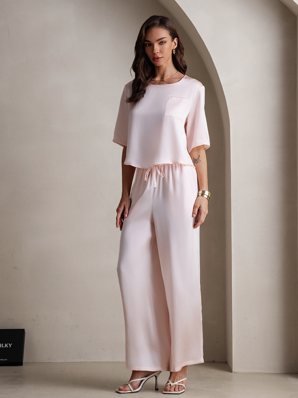 [Pink] SilkSilky-UK Pure Silk Round Neck Women's Pyjamas 006