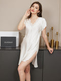 SilkSilky UK Pure Silk Short Sleeve V Neck Nightdress White 004