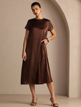 [Bitter Chocolate] SilkSilky-UK Short Sleeve Round Neck Dress 001