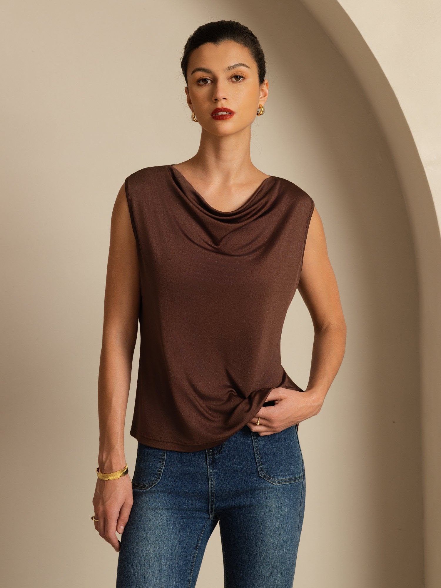 [Coffee] SilkSilky-UK Silk Jersey Sleeveless Cowl Neck Women's T-Shirt 001