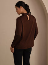 [Tan] SilkSilky-UK Long Sleeve Stand Collar Women's Blouse 002