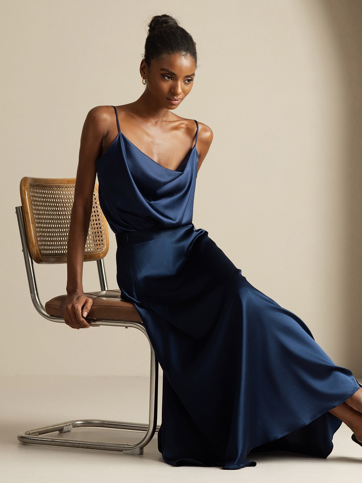 [Dark Blue] SilkSilky-UK 19Momme Silk Knitted Cowl Neck Women''s Outfit Sets 001,