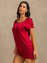 [Wine] SilkSilky-UK 19Momme Machine-Washable Silk Short Sleeve Round Neck Nightdress 007