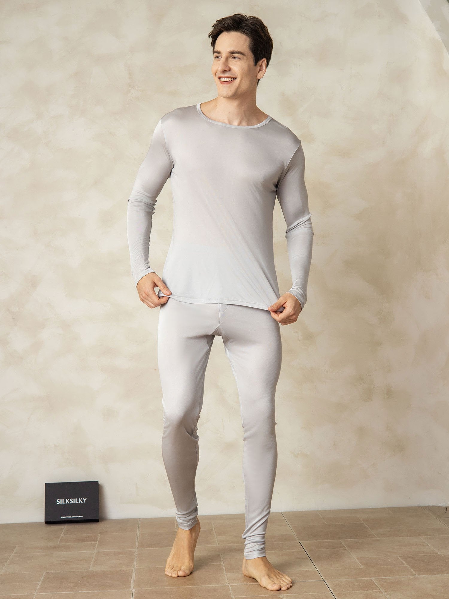 [Silver] SilkSilky-UK Silk Knitted Round Neck Men's Pyjamas 003