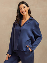 [Dark Blue] SilkSilky-UK 19Momme Machine-Washable Silk Long Sleeve Notch Collar Women's Pyjamas 007