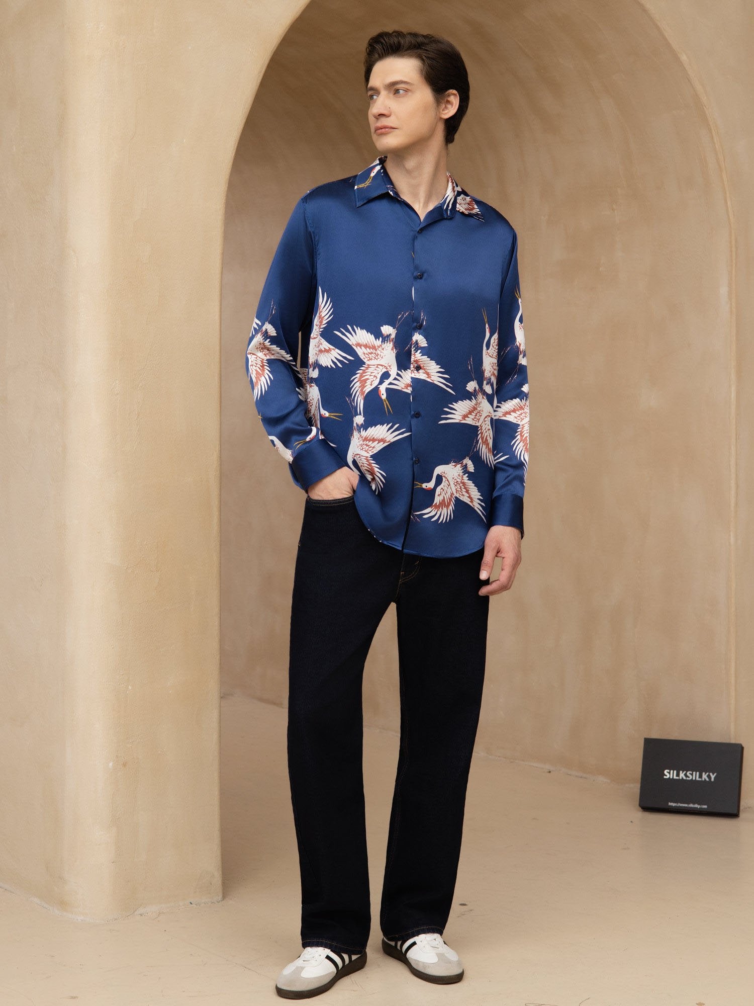 [Dark Blue] SilkSilky-UK 19Momme Long Sleeve Lapel Collar Men's Shirt 007