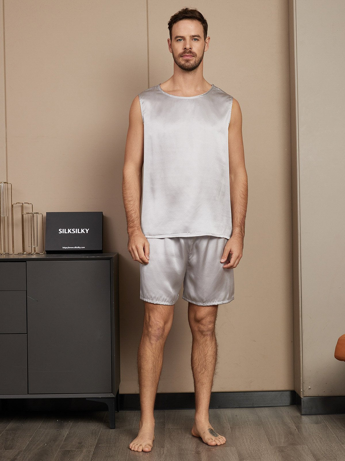 SilkSilky UK Pure Silk Sleeveless Round Neck Men's Pyjamas Silver 003