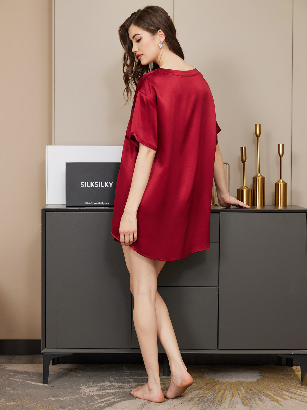 [Wine] SilkSilky-UK Pure Silk Round Neck Women's Pyjamas 007
