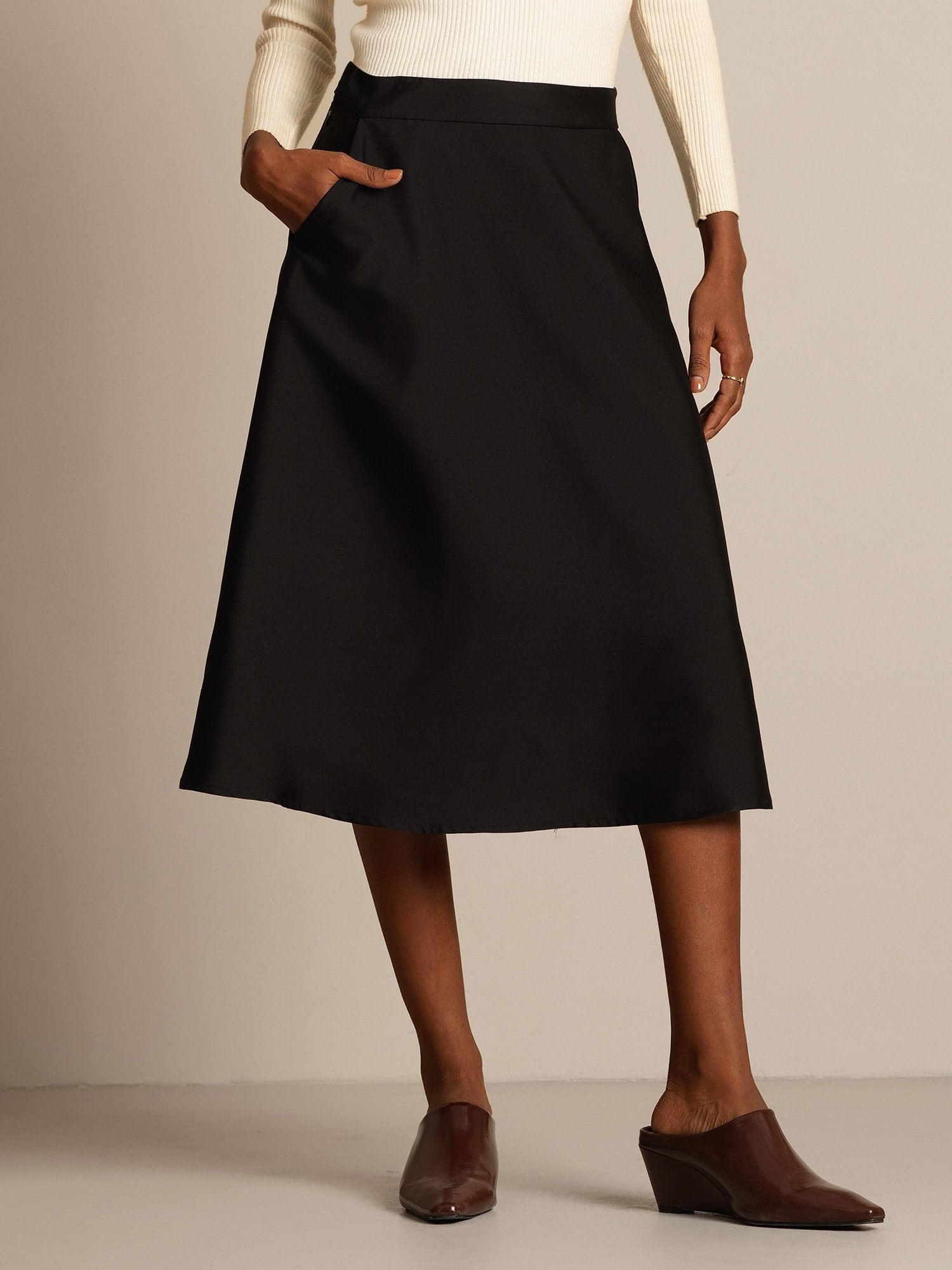 [Black] SilkSilky-UK 32Momme Silk-Wool Blend Skirt 008,