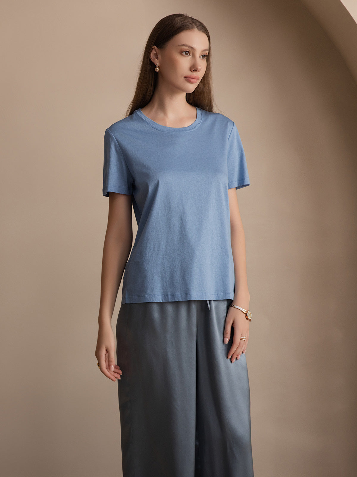 SilkSilky-UK Silk Knitted Short Sleeve Round Neck Women's T-Shirt Blue 001