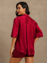 [Wine] SilkSilky-UK 19Momme Machine-Washable Silk Half Sleeve Notch Collar Women's Pyjamas 002