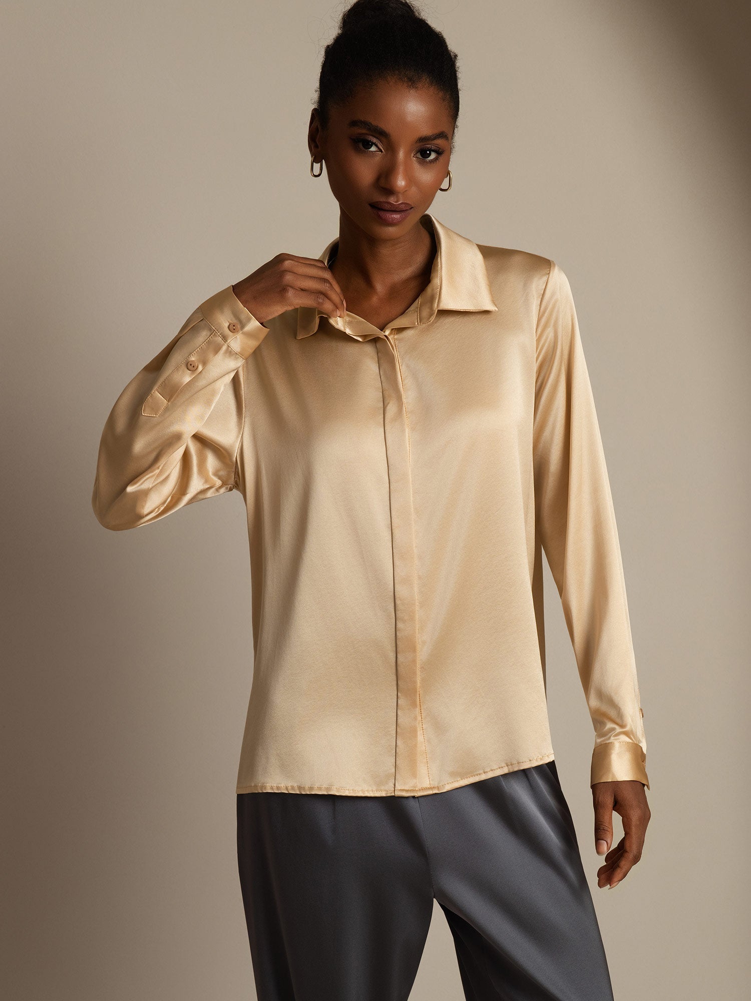 [Champagne] SilkSilky-UK 19Momme Silk Long Sleeve Collar Women's Shirt 004