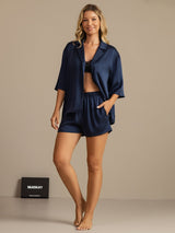 [Dark Blue] SilkSilky-UK 19Momme Machine-Washable Silk Half Sleeve Notch Collar Women's Pyjamas 007