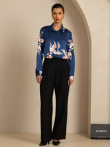 [Dark Blue] SilkSilky-UK Long Sleeve Lapel Collar Women's Shirt 007