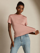 [Pink] SilkSilky-UK Silk Knitted Short Sleeve Mock Neck Women's T-Shirt 001