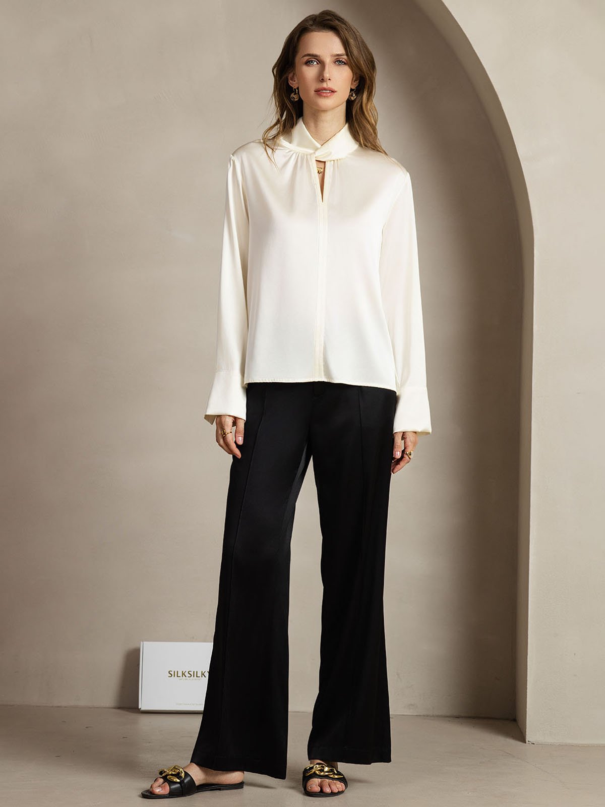 [Ivory] SilkSilky-UK 19Momme Silk Keyhole Neck Women's Shirt 010