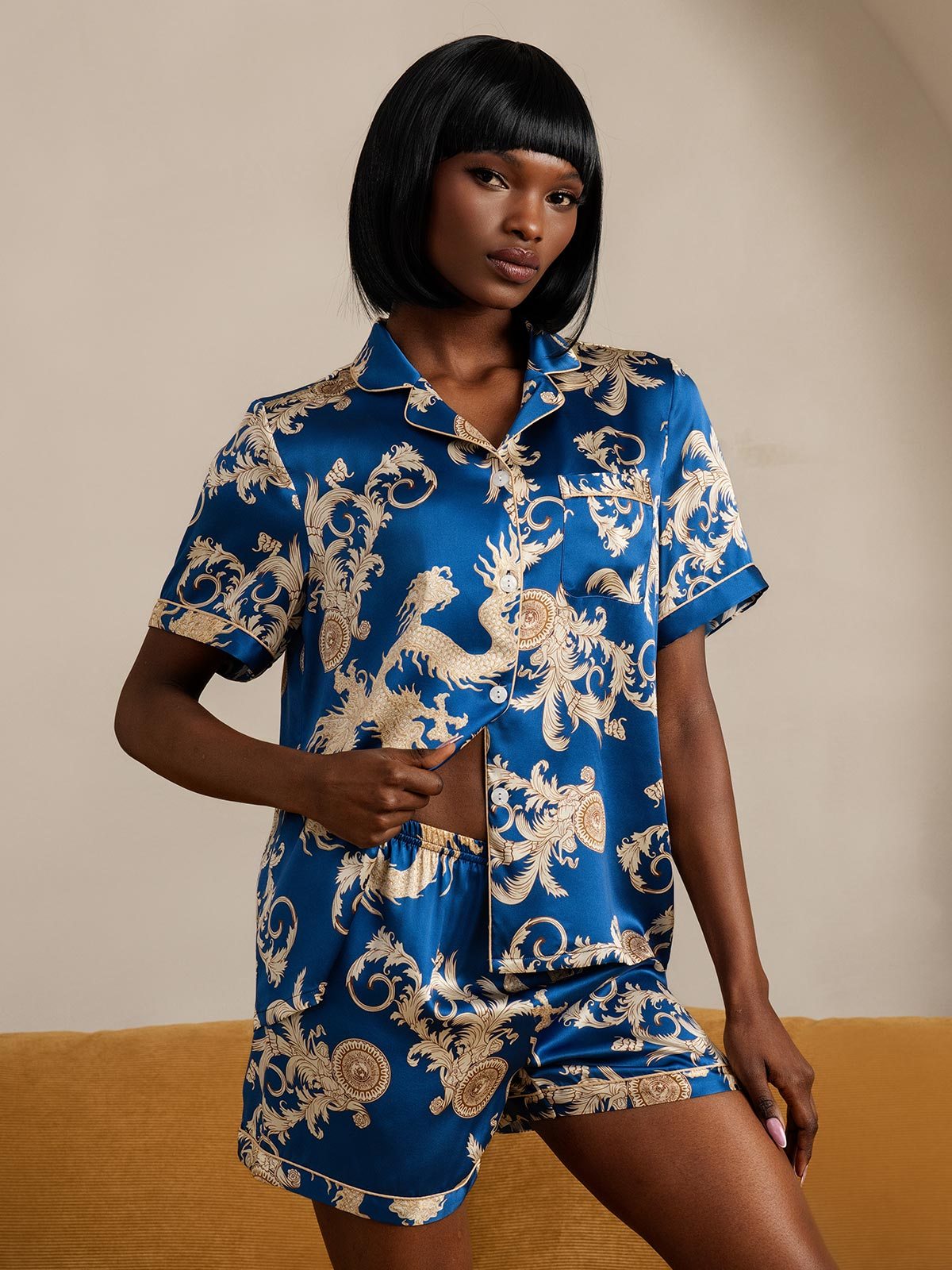 SilkSilky-UK Pure Silk Short Sleeve Lapel Women's Pyjamas Blue 001