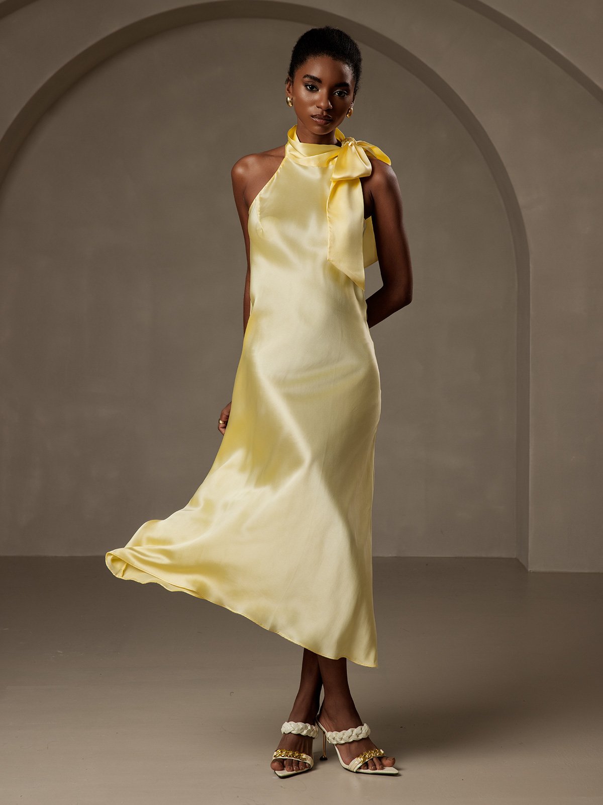 [Light Yellow] SilkSilky-UK 19Momme Silk Sleeveless Tie Neck Dress 005