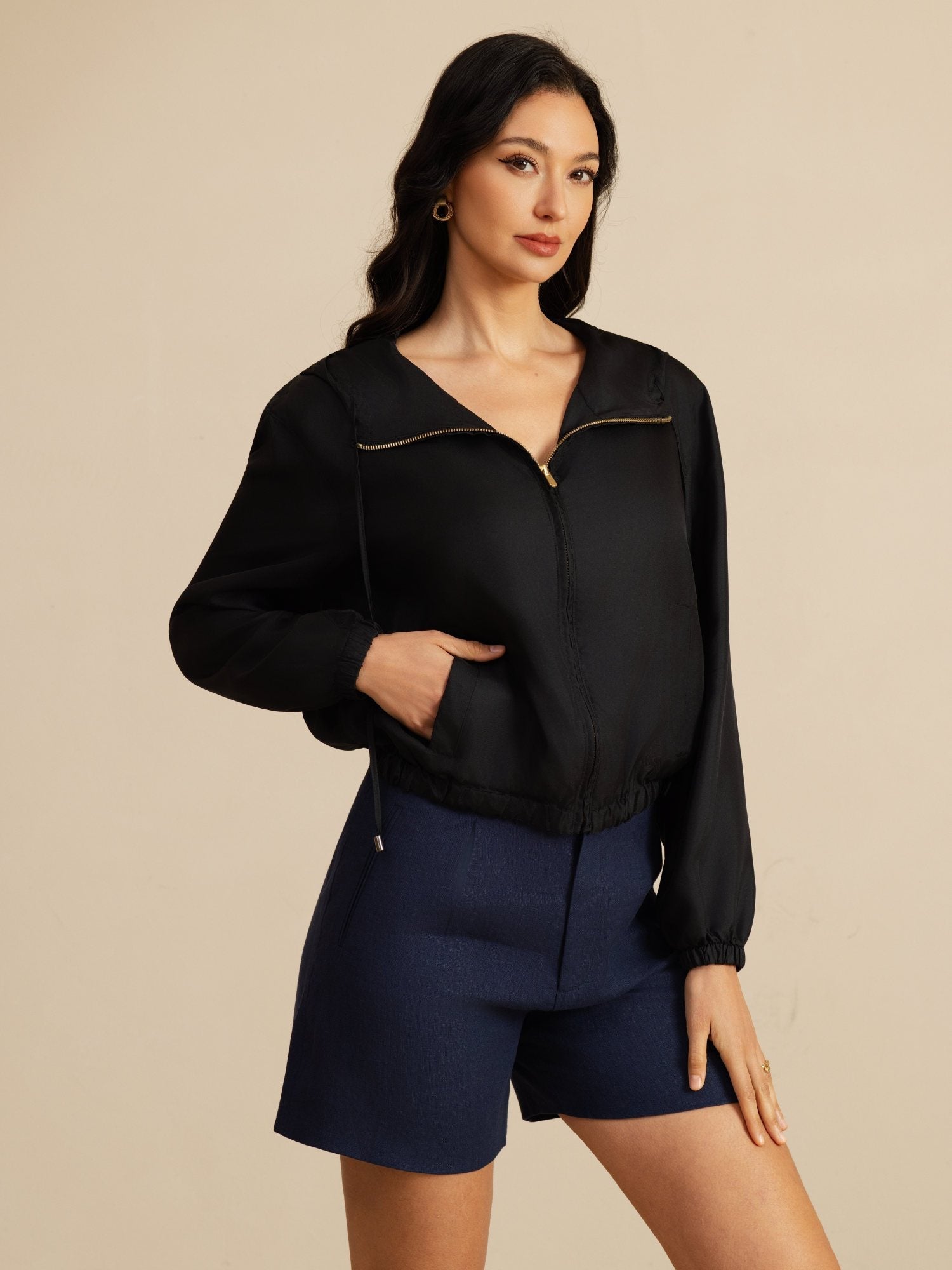 [Black] SilkSilky-UK 18Momme Silk Satin Surah Long Sleeve Stand Collar Women's Outerwear 003