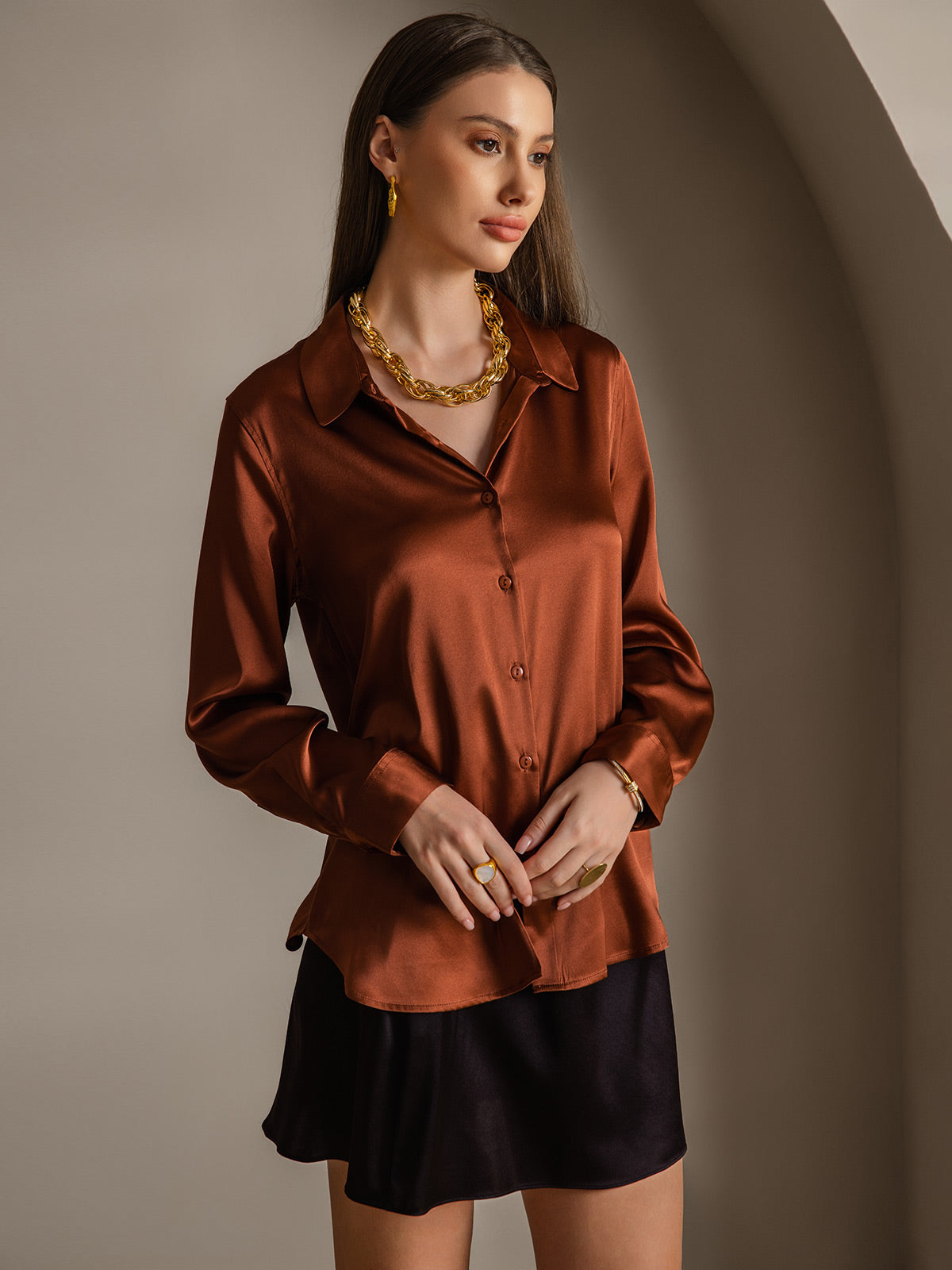 SilkSilky-UK Silk Long Sleeve Collar Women's Shirt Coffee 004