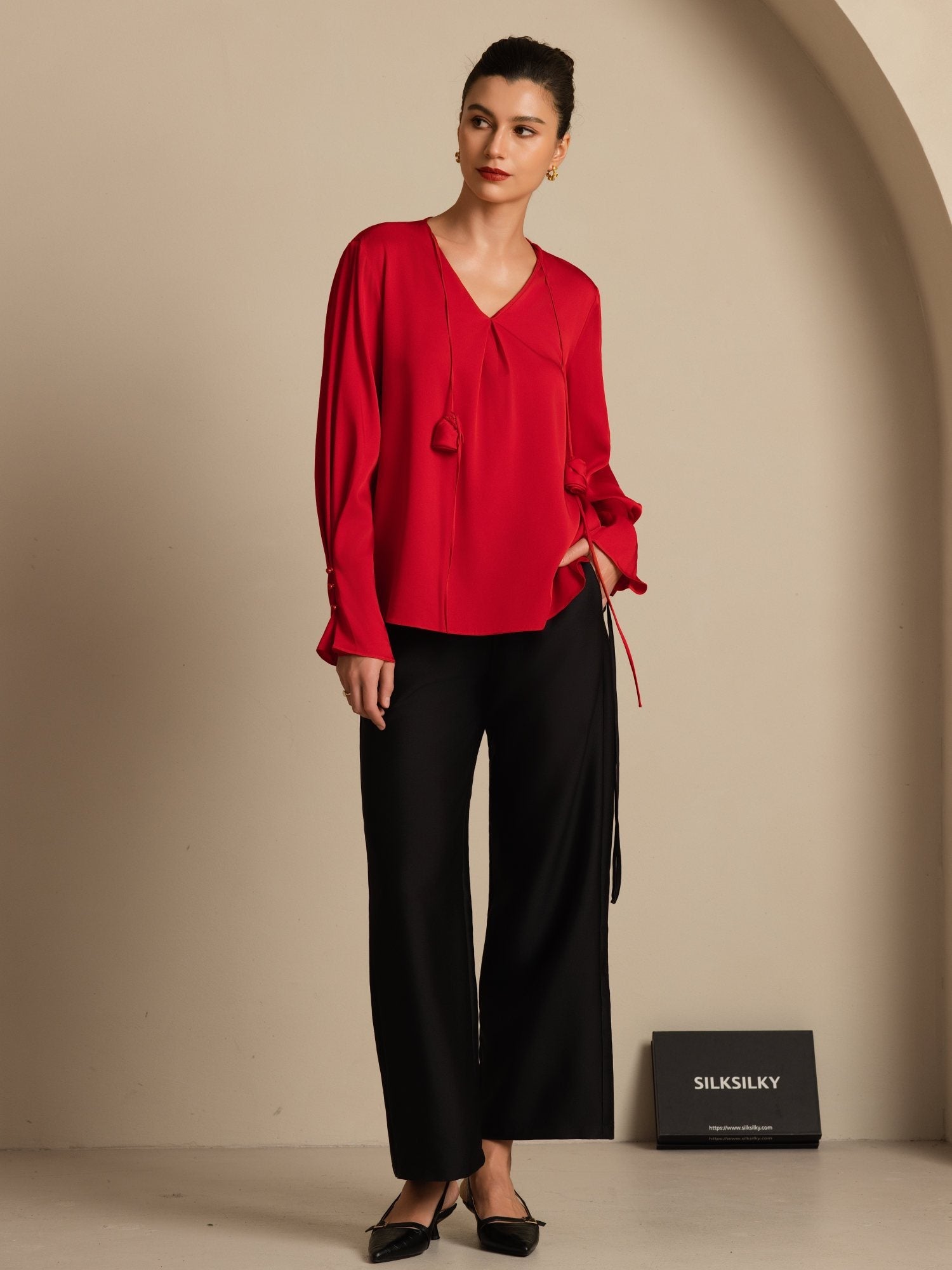 [Wine] SilkSilky-UK 19Momme Stretch Silk Double Georgette Long Sleeve V Neck Blouse 001