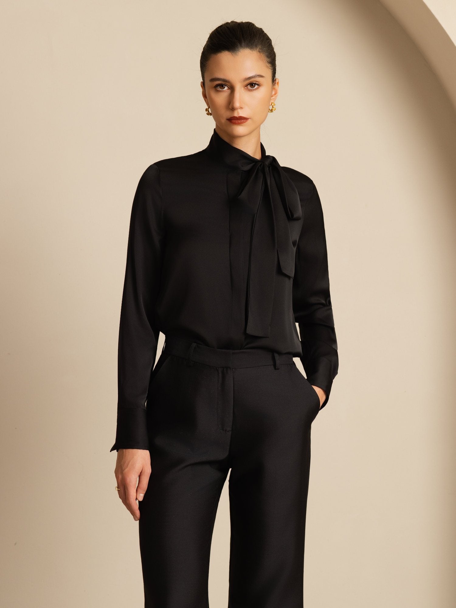 [Black] SilkSilky-UK 19Momme Silk Long Sleeve Tie Neck Blouse 005