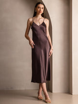 [Coffee] SilkSilky-UK Spaghetti Strap V Neck Dress 003