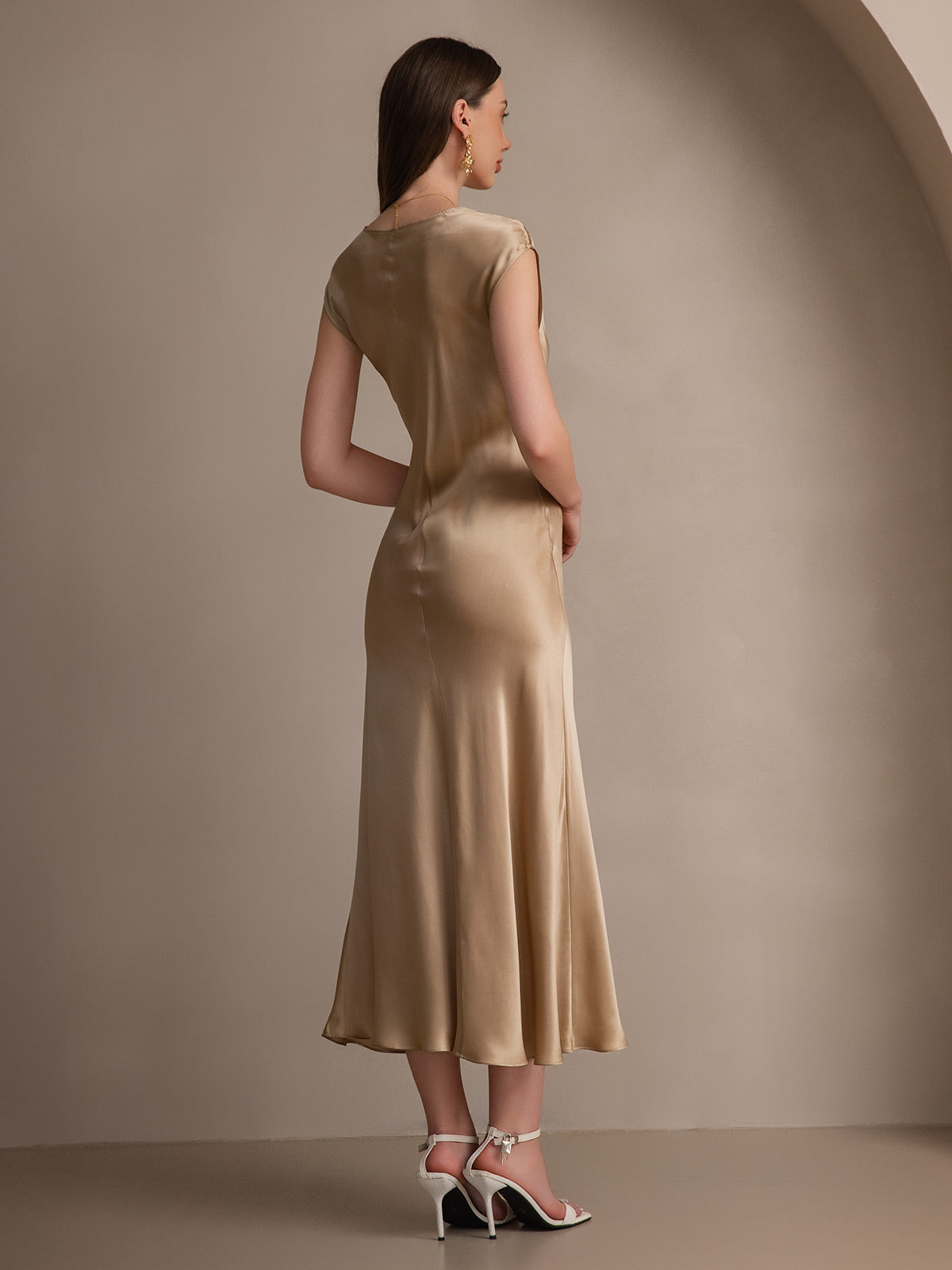 [Champagne] SilkSilky-UK 19Momme Silk Round Neck Dress 002