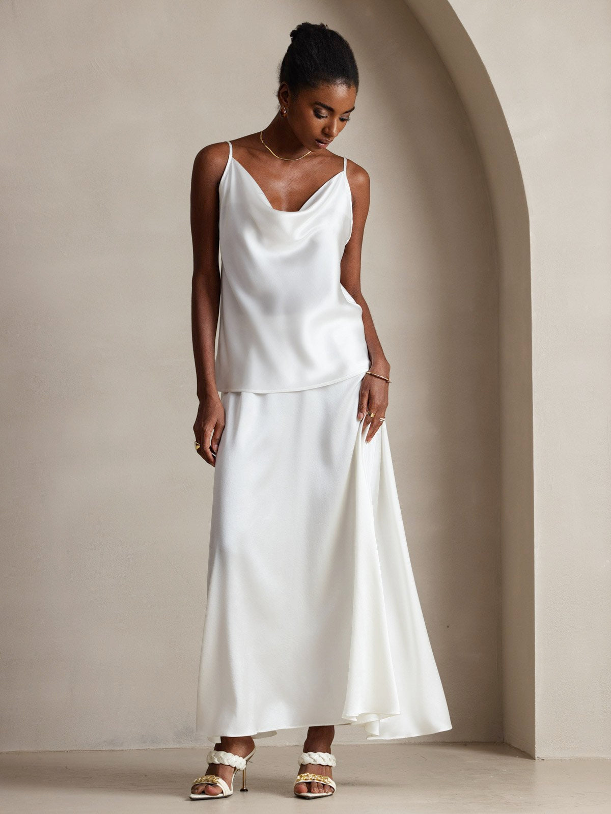 [White] SilkSilky-UK 19Momme Stretch Silk Charmeuse Spaghetti Strap Cowl Neck Camisole 008