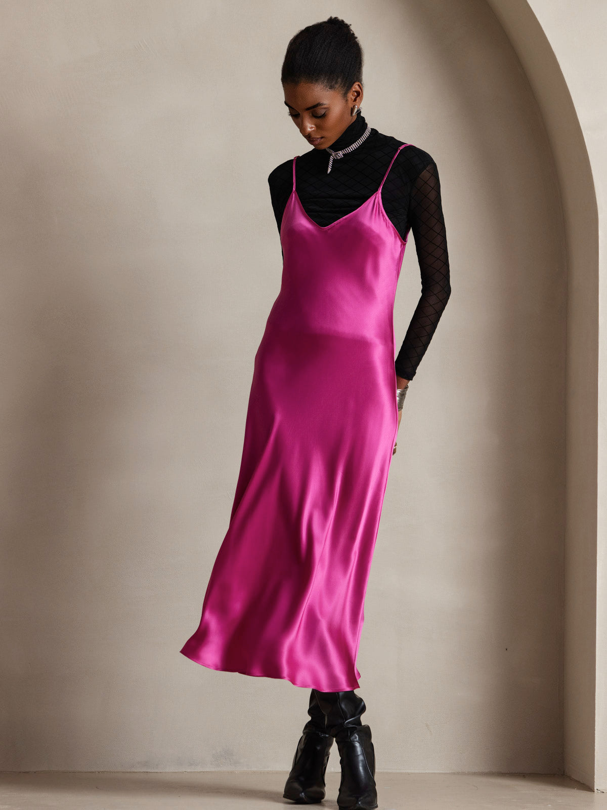 SilkSilky-UK Pure Silk Sleeveless Round Neck Dress RoseRed 007