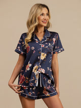 [Navy Floral] SilkSilky-UK Short Sleeve Notch Collar Women's Pyjamas 005