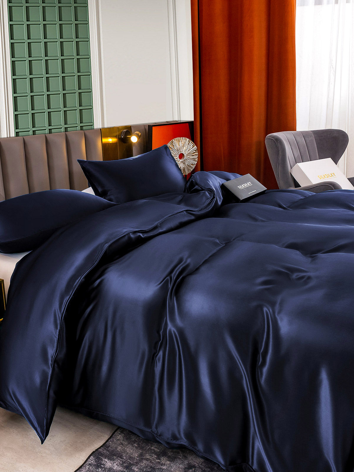 SilkSilky UK 25Momme Pure Silk Bedding Set DarkBlue 005