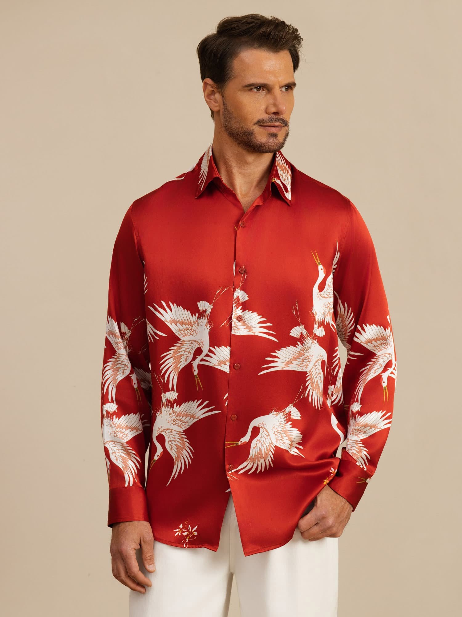 [Wine] SilkSilky-UK 19Momme Long Sleeve Lapel Collar Men's Shirt 003