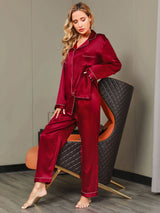 [Wine] SilkSilky-UK Long Sleeve Lapel Collar Women's Pyjamas 006