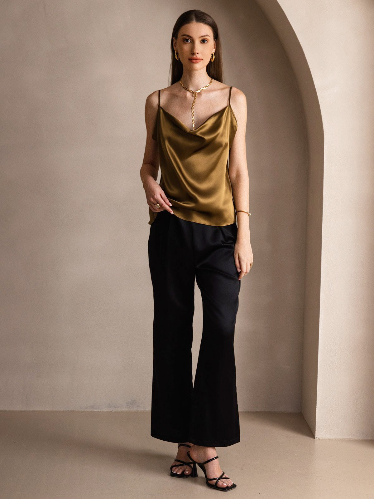 [Brown] SilkSilky-UK 19Momme Stretch Silk Charmeuse Spaghetti Strap Cowl Neck Camisole 005