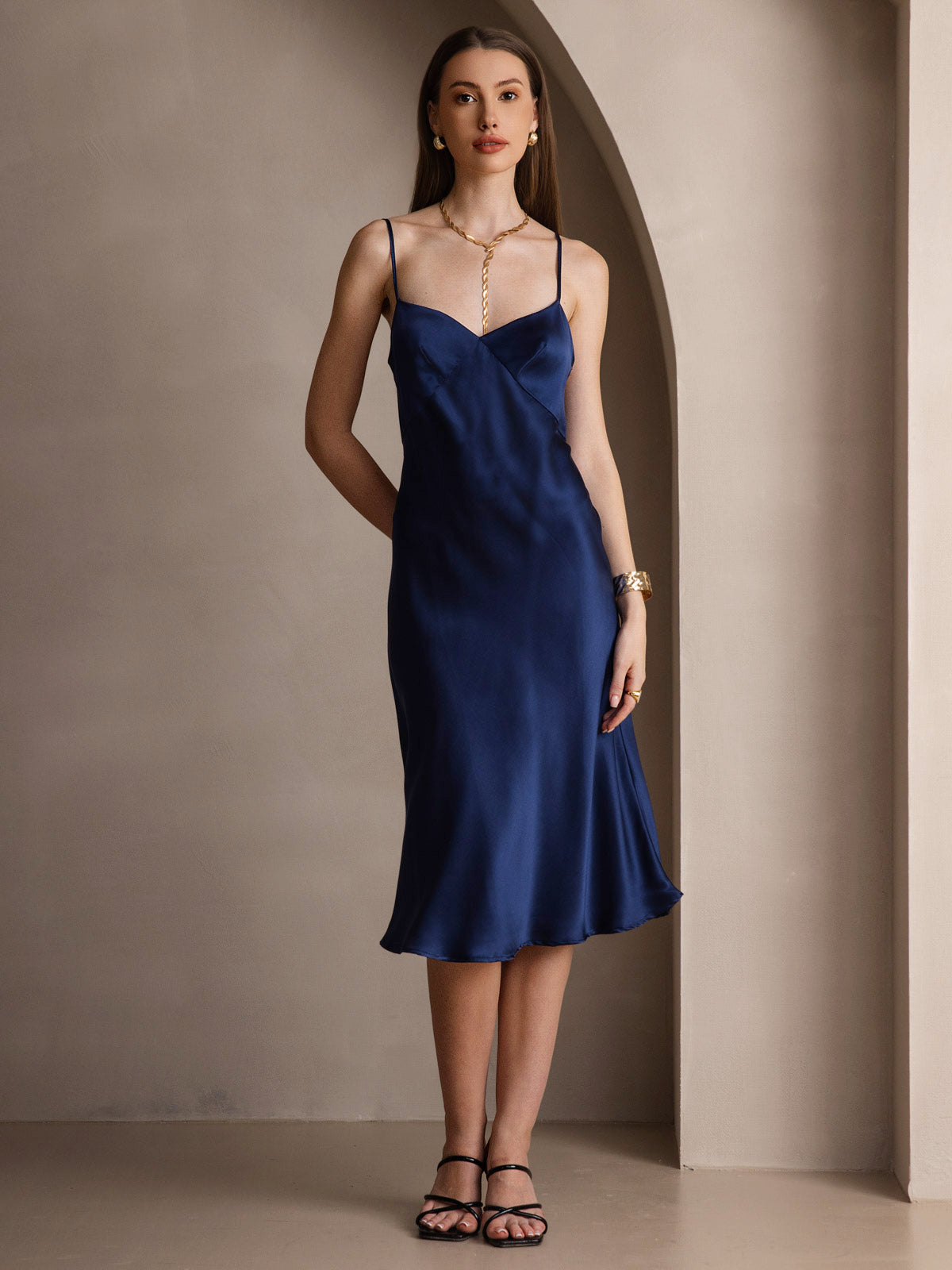 [Dark Blue] SilkSilky-UK 19Momme Pure Silk V Neck Dress 001