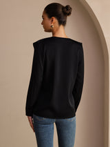 [Black] SilkSilky-UK Long Sleeve Deep V Neck Women's Blouse 002
