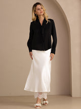 [Black] SilkSilky-UK Long Sleeve Tie Neck Women's Blouse 006