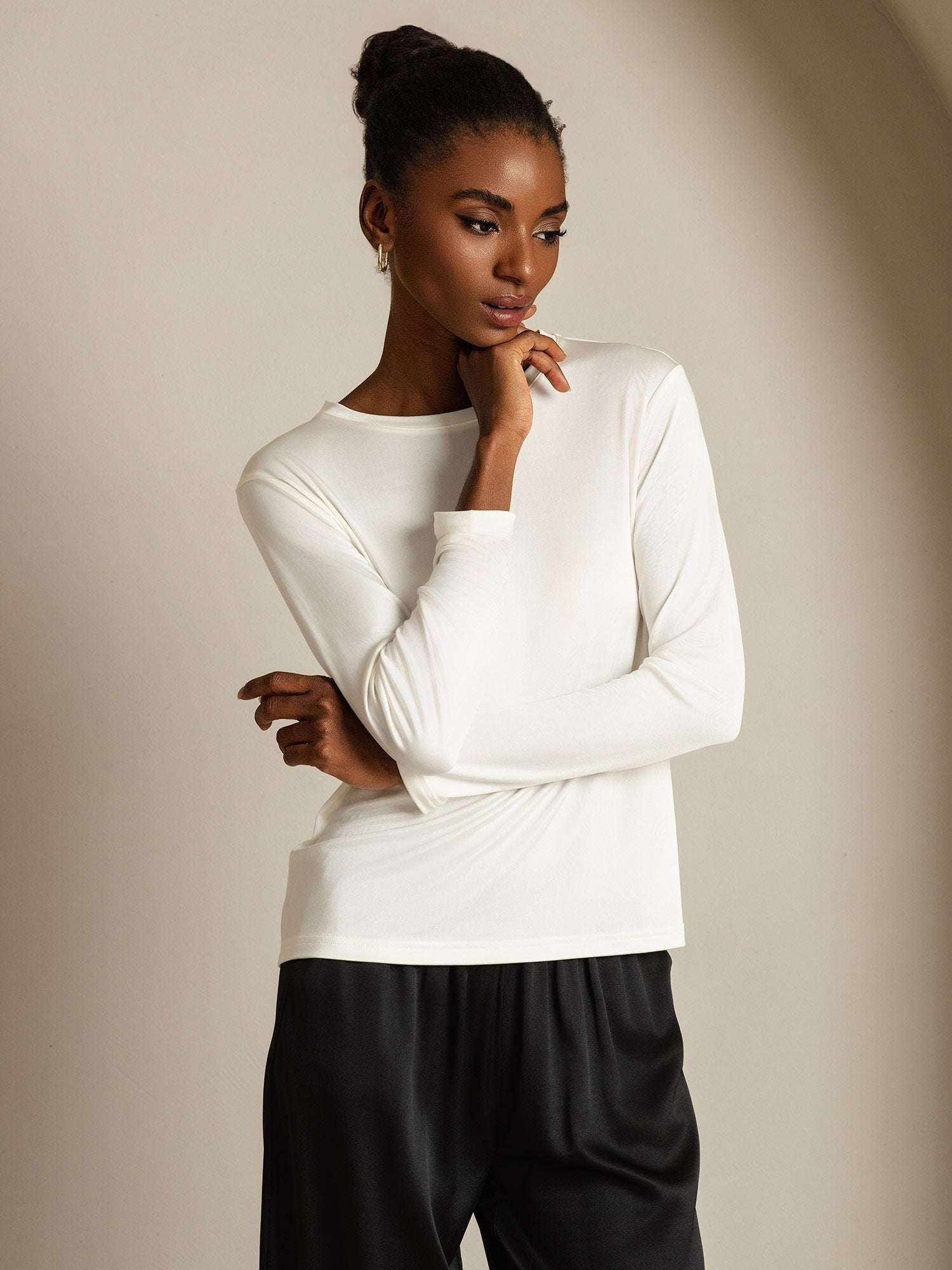 [White] SilkSilky-UK 100% Silk Jersey Long Sleeve Crew Neck Women's T-Shirt 006